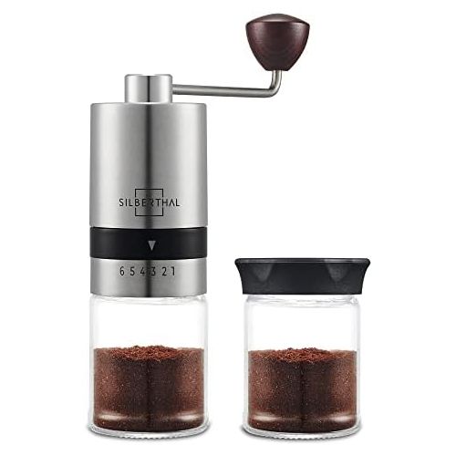  [아마존베스트]Silberthal Manual Coffee Grinder, Adjustable Grinding Level, Stainless Steel and Glass Hand Grinder