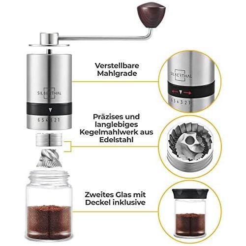  [아마존베스트]Silberthal Manual Coffee Grinder, Adjustable Grinding Level, Stainless Steel and Glass Hand Grinder