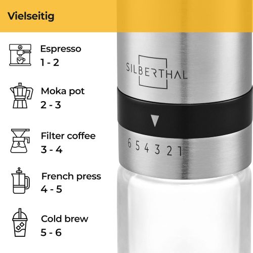  [아마존베스트]Silberthal Manual Coffee Grinder, Adjustable Grinding Level, Stainless Steel and Glass Hand Grinder