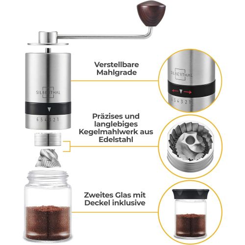  [아마존베스트]Silberthal Manual Coffee Grinder, Adjustable Grinding Level, Stainless Steel and Glass Hand Grinder