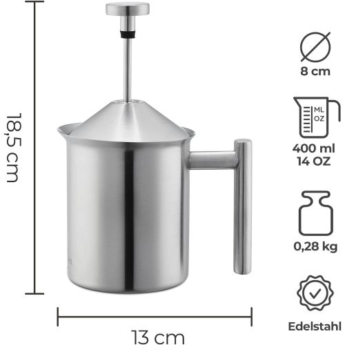  [아마존베스트]SILBERTHAL Manual milk frother - stainless steel - 400 ml - perfect milk foam thanks to double sieve and special press mechanism - milk frother