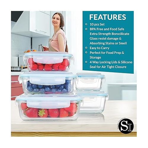  10 Pc Glass Food Storage Containers With Lids - Durable Food Storage Containers With Lids - Glass Food Containers For Lunch, Meal Prep, And Leftovers, Kitchen Essentials