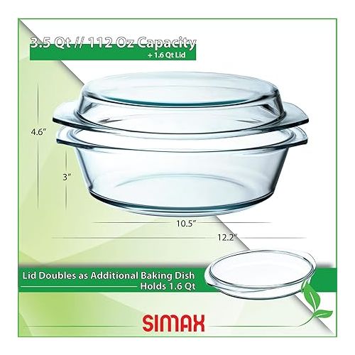  Simax Round Glass Casserole Dish, Glass Round Casserole Dish with Lid and Handles, Covered Bowl for Cooking, Baking, Serving, Microwave, Dishwasher, Oven, and Stove Safe Cookware, 3.5 Quart