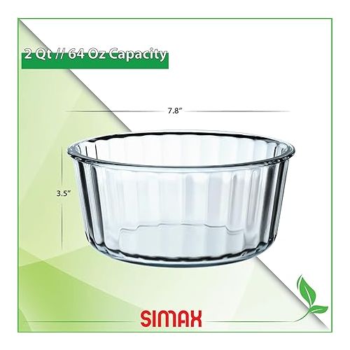  Simax Souffle Dish Oven Safe: 2-Quart Baking Dish - Borosilicate Glass Ramekins - 2Qt Round Baking Dish - Large Ramekins - 2 Quart Casserole Dish For Baking, Casseroles, Desserts - 7.8 Inch Ramekin