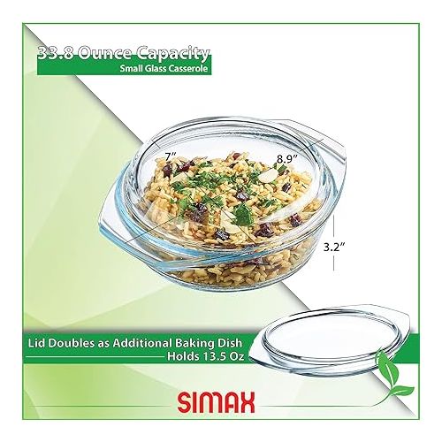  Simax Clear Glass Casserole Dish, Glass Round Casserole Dish with Lid and Handles, Covered Bowl for Cooking, Baking, Serving, Microwave, Dishwasher, and Oven Safe Cookware, 1 Quart