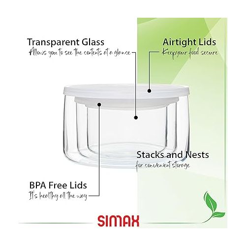  Simax Round Glass Containers With Lids: Borosilicate Glass Food Storage Containers With Lids Airtight - Glass Lunch Containers For Adults - Meal Prep Container Glass - Food Prep Containers Glass 3 Pcs