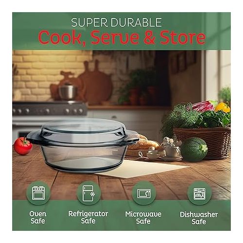  Simax Round Glass Casserole Dish: Clear Glass Round Casserole Dish with Lid and Handles - Covered Bowl for Cooking, Baking, Serving, etc. - Microwave, Dishwasher, and Oven Safe Cookware - 3.5 Quart