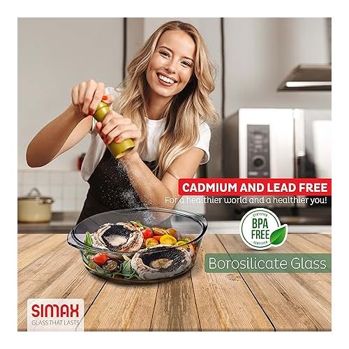  Simax Round Glass Casserole Dish: Clear Glass Round Casserole Dish with Lid and Handles - Covered Bowl for Cooking, Baking, Serving, etc. - Microwave, Dishwasher, and Oven Safe Cookware - 3.5 Quart