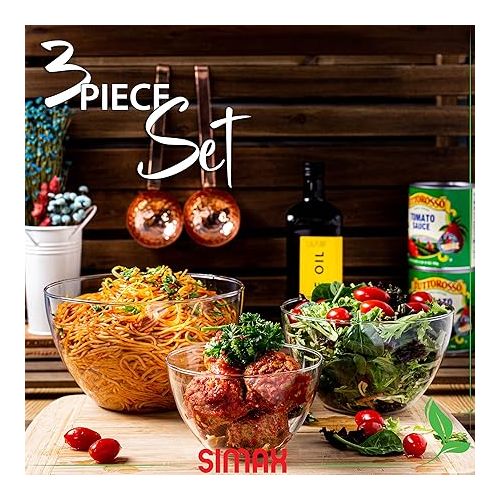  Simax Glass Serving Bowl Set: Borosilicate Glass Oven Safe Bowls - Clear Glass Bowls For Kitchen - Blown Glass Nesting Bowls - Kitchen Mixing Bowls -Glass Salad Bowls Set of 3 (3.2 C, 6.4 C,10.8 Cup)