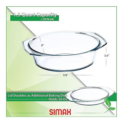  Simax Round Glass Casserole Dish, Clear Glass Round Casserole Dish with Lid and Handles, Covered Bowl for Cooking, Baking, Serving, Microwave, Dishwasher, and Oven Safe Cookware, 1.5 Quart