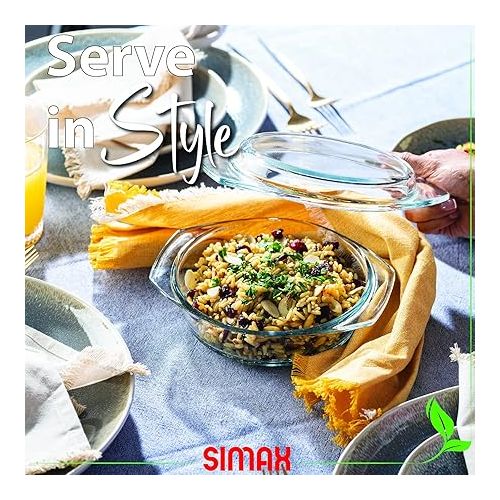  Glass Casserole Dish by Simax: Clear Glass Round Casserole Dish with Lid and Handles - Covered Bowl for Cooking, Baking, Serving, etc. - Microwave, Dishwasher, and Oven Safe Cookware -1 Quart