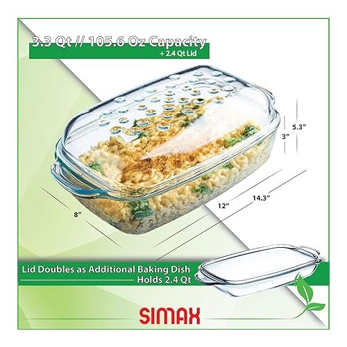  Simax Clear Glass Rectangle Roaster Pan With Lid, Raised Ridges for Fat Free Cooking, Durable Borosilicate Glass, Microwave and Dishwasher Safe, Made in Europe, 3 Qt Oblong Baking Dish