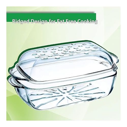  Simax Clear Glass Rectangle Roaster Pan With Lid, Raised Ridges for Fat Free Cooking, Durable Borosilicate Glass, Microwave and Dishwasher Safe, Made in Europe, 3 Qt Oblong Baking Dish