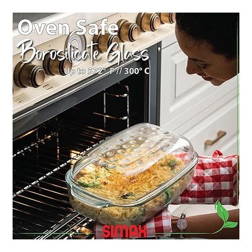  Simax Clear Glass Rectangle Roaster Pan With Lid, Raised Ridges for Fat Free Cooking, Durable Borosilicate Glass, Microwave and Dishwasher Safe, Made in Europe, 3 Qt Oblong Baking Dish