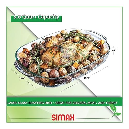  Simax Clear Glass Roaster Dish: Large Rectangular Roaster Pan For Baking And Cooking - Oven and Dishwasher Safe Cookware - 3.5 Quart Oven Pan