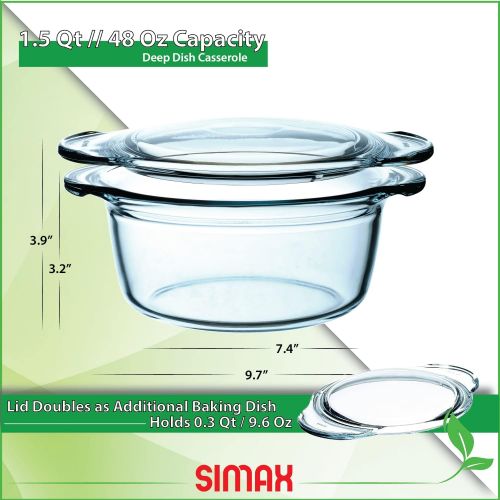  Simax Casserole Dish with Lid, Glass Casserole Dish, Holds 48 Oz (1.5 Quarts), Oven to Table Serving Dish, Microwave, Dishwasher, and Oven Safe Cookware