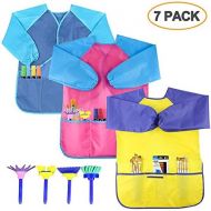 [아마존베스트]SIMPZIA 3 Pack Kids Art Smock, Children Waterproof Artist Painting Aprons with 4 Paint Brushes for Art Craft Cooking Lab Activity - Ages 2-6