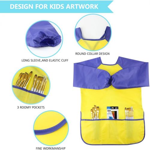  [아마존베스트]SIMPZIA 3 Pack Kids Art Smock, Children Waterproof Artist Painting Aprons with 4 Paint Brushes for Art Craft Cooking Lab Activity - Ages 2-6