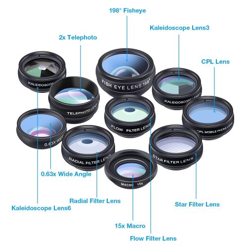  Mobile Phone Lenses - 10in1 Phone Lens Kit Fisheye Wide Angle Macro Lens 2X Telescope Camera Lens for iPhone xiaomi redmi mi Samsung Smartphone - by SINAM - 1 PCs