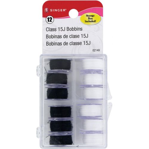 싱거 SINGER Class 15J Threaded Bobbins in Case, 12-Count, Black & White