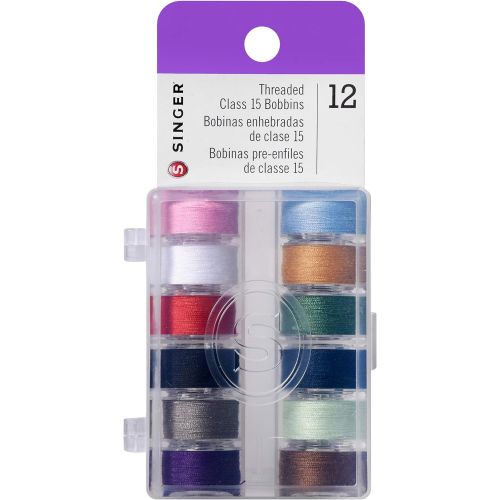 싱거 Singer Machine Accessories Bundle - All Purpose Machine Oil, 12-Pack Class 15 Threaded Bobbins in Assorted Colors, 10 Regular Point Needles, Angled-Edge Lint Brush with Comfort Gri