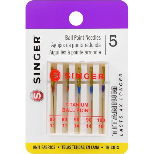 싱거 SINGER 04809 Titanium Universal Ball Point Machine Needles for Knit Fabric, Assorted Sizes, 5-Count