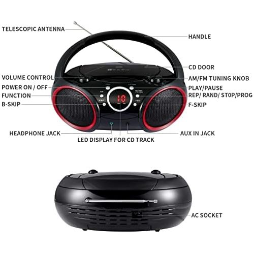  SINGING WOOD 030C Portable CD Player Boombox with AM FM Stereo Radio, Aux Line in, Headphone Jack, Supported AC or Battery Powered (Black with a Touch of Red Rims)