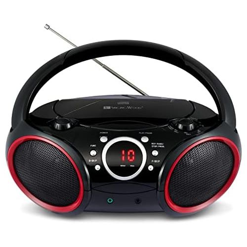  SINGING WOOD 030C Portable CD Player Boombox with AM FM Stereo Radio, Aux Line in, Headphone Jack, Supported AC or Battery Powered (Black with a Touch of Red Rims)