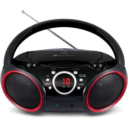  SINGING WOOD 030C Portable CD Player Boombox with AM FM Stereo Radio, Aux Line in, Headphone Jack, Supported AC or Battery Powered (Black with a Touch of Red Rims)