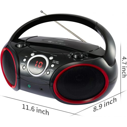  SINGING WOOD 030C Portable CD Player Boombox with AM FM Stereo Radio, Aux Line in, Headphone Jack, Supported AC or Battery Powered (Black with a Touch of Red Rims)