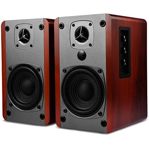  Singing Wood BT27 Active Powered Bluetooth Bookshelf Speakers with Built-in Control & Remote - Studio Monitor with 2 Auxiliary Line Input - 54 Watts - Wood Grain Finish (Walnut)