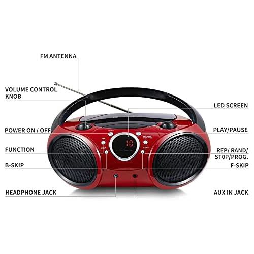  SINGING WOOD 030B Portable CD Player Boombox with Bluetooth for Home AM FM Stereo Radio, Aux Line in, Headphone Jack, Supported AC or Battery Powered (Firemist Red)