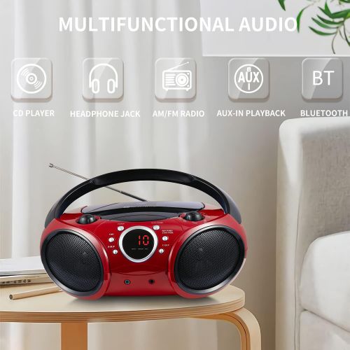  SINGING WOOD 030B Portable CD Player Boombox with Bluetooth for Home AM FM Stereo Radio, Aux Line in, Headphone Jack, Supported AC or Battery Powered (Firemist Red)