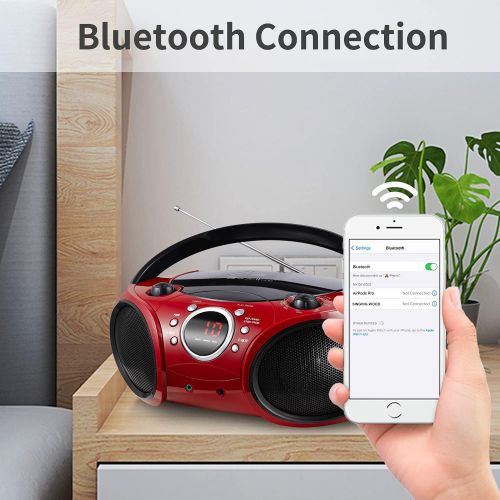  SINGING WOOD 030B Portable CD Player Boombox with Bluetooth for Home AM FM Stereo Radio, Aux Line in, Headphone Jack, Supported AC or Battery Powered (Firemist Red)