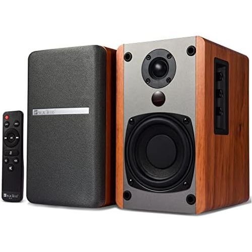  SINGING WOOD BT25 Bluetooth Powered Bookshelf Speakers for Record Player with Built-in Amplifier -2 AUX Input -Full Function Remote Control -Wooden Enclosure -50 Watts RMS (Beech W