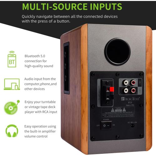  SINGING WOOD BT25 Bluetooth Powered Bookshelf Speakers for Record Player with Built-in Amplifier -2 AUX Input -Full Function Remote Control -Wooden Enclosure -50 Watts RMS (Beech W