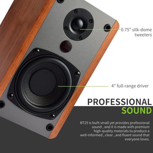  SINGING WOOD BT25 Bluetooth Powered Bookshelf Speakers for Record Player with Built-in Amplifier -2 AUX Input -Full Function Remote Control -Wooden Enclosure -50 Watts RMS (Beech W