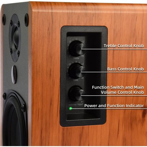  SINGING WOOD BT25 Bluetooth Powered Bookshelf Speakers for Record Player with Built-in Amplifier -2 AUX Input -Full Function Remote Control -Wooden Enclosure -50 Watts RMS (Beech W