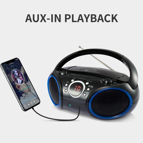  [아마존베스트]SINGING WOOD Portable CD Player AM FM Analog Tuning Radio with Aux Line in, Headphone Jack, Foldable Carrying Handle (Black with a Touch of Blue Rims)