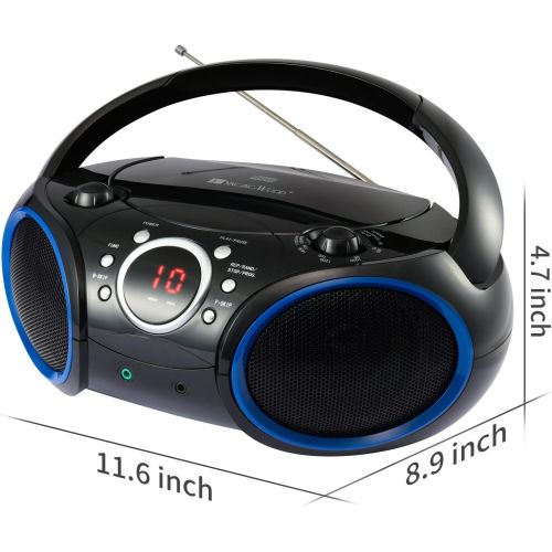  [아마존베스트]SINGING WOOD Portable CD Player AM FM Analog Tuning Radio with Aux Line in, Headphone Jack, Foldable Carrying Handle (Black with a Touch of Blue Rims)