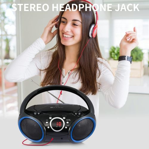  [아마존베스트]SINGING WOOD Portable CD Player AM FM Analog Tuning Radio with Aux Line in, Headphone Jack, Foldable Carrying Handle (Black with a Touch of Blue Rims)