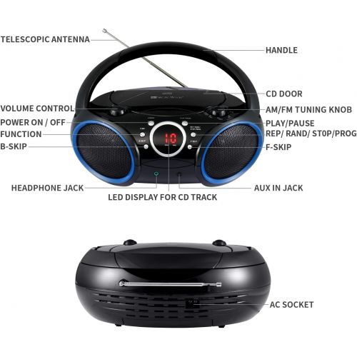  [아마존베스트]SINGING WOOD Portable CD Player AM FM Analog Tuning Radio with Aux Line in, Headphone Jack, Foldable Carrying Handle (Black with a Touch of Blue Rims)