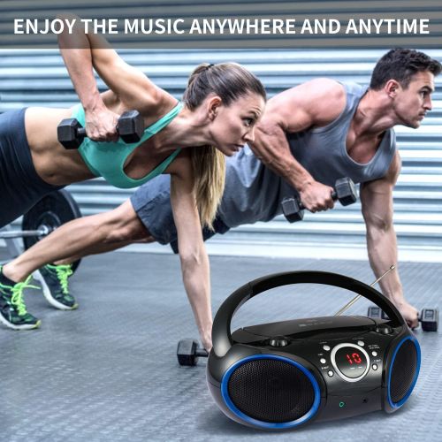  [아마존베스트]SINGING WOOD Portable CD Player AM FM Analog Tuning Radio with Aux Line in, Headphone Jack, Foldable Carrying Handle (Black with a Touch of Blue Rims)