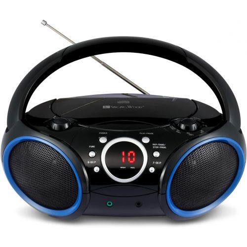  [아마존베스트]SINGING WOOD Portable CD Player AM FM Analog Tuning Radio with Aux Line in, Headphone Jack, Foldable Carrying Handle (Black with a Touch of Blue Rims)