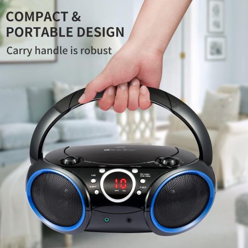  [아마존베스트]SINGING WOOD Portable CD Player AM FM Analog Tuning Radio with Aux Line in, Headphone Jack, Foldable Carrying Handle (Black with a Touch of Blue Rims)