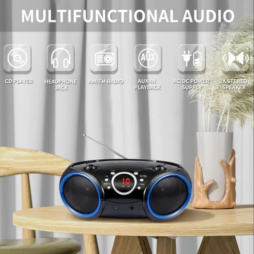  [아마존베스트]SINGING WOOD Portable CD Player AM FM Analog Tuning Radio with Aux Line in, Headphone Jack, Foldable Carrying Handle (Black with a Touch of Blue Rims)