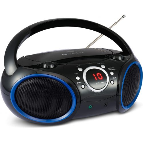  [아마존베스트]SINGING WOOD Portable CD Player AM FM Analog Tuning Radio with Aux Line in, Headphone Jack, Foldable Carrying Handle (Black with a Touch of Blue Rims)