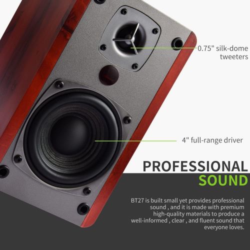  [아마존베스트]Singing Wood BT27 Powered Bluetooth Bookshelf Speaker Studio Monitor with 2 Auxiliary Line Input 27W x 2- Walnut Wood Finish-Pair