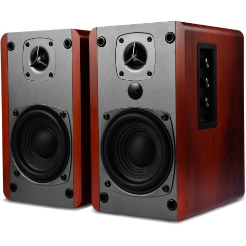  [아마존베스트]Singing Wood BT27 Powered Bluetooth Bookshelf Speaker Studio Monitor with 2 Auxiliary Line Input 27W x 2- Walnut Wood Finish-Pair