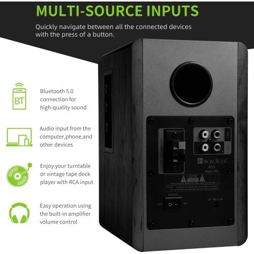  [아마존베스트]SINGING WOOD BT25 Active Bluetooth Bookshelf Speakers with Built-in Amplifier- Studio Monitor Speaker -2 AUX Input - Full Function Remote Control - Wooden Enclosure - 50 Watts RMS